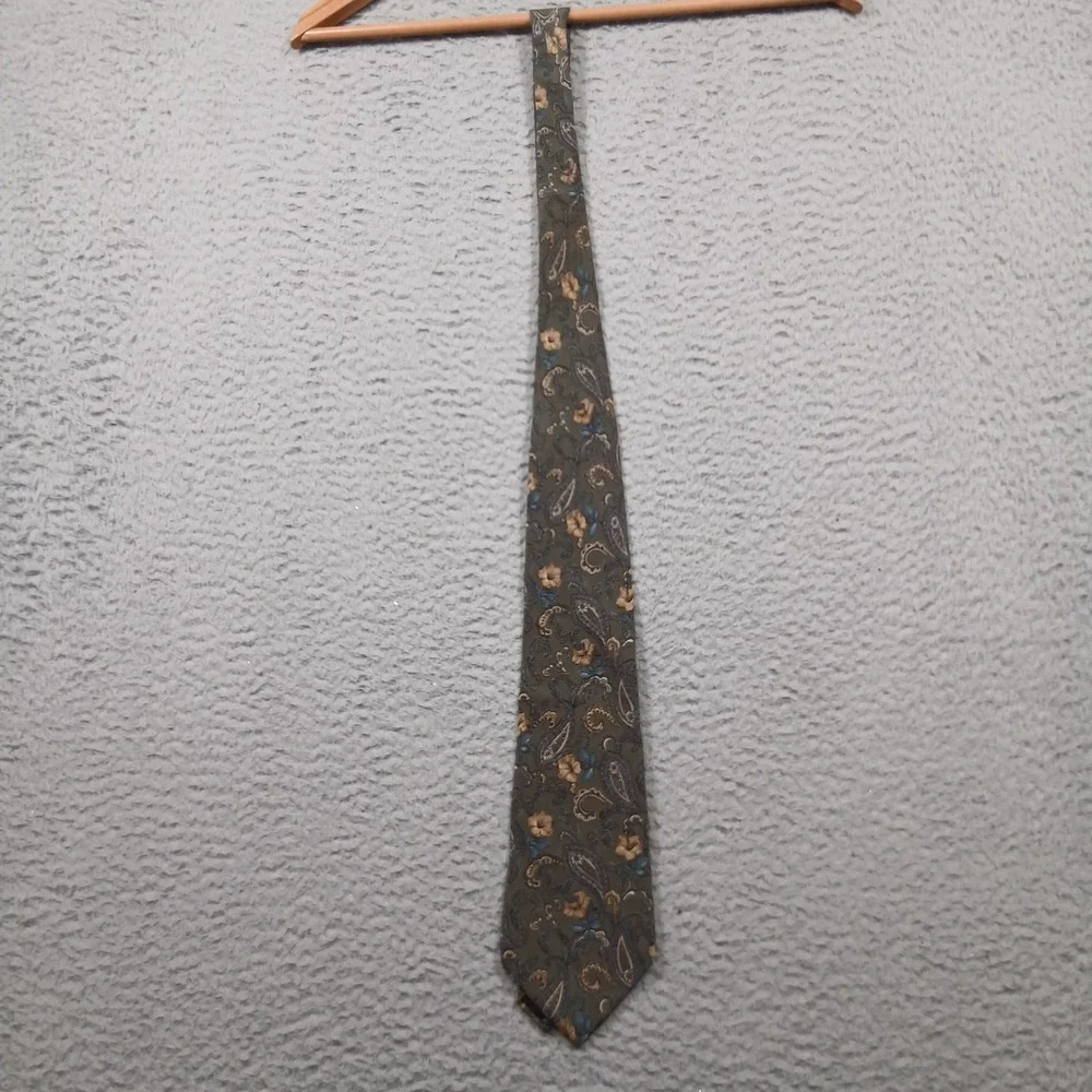 Halston Silk Neck Tie Mens‎ Paisley Floral Olive Blue Classic Luxury